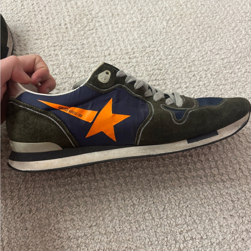 Golden Goose Olive and Navy Sneakers with Orange Star